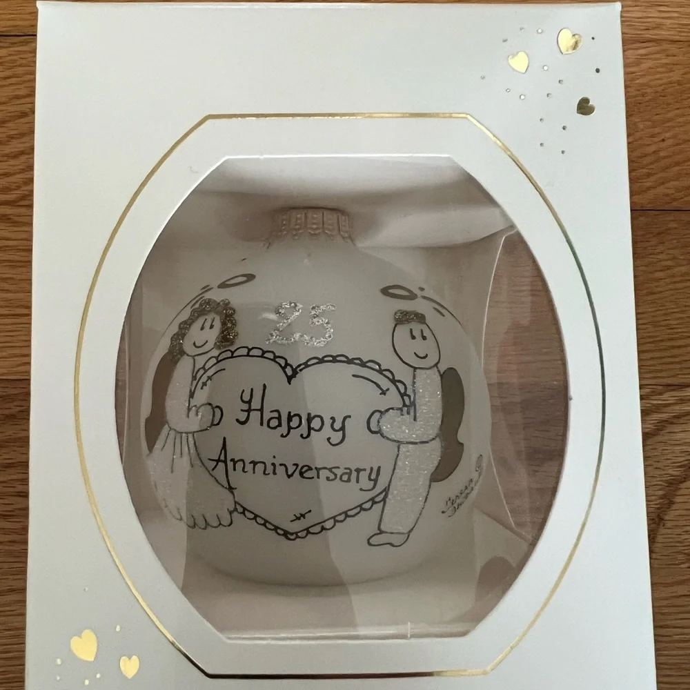 Hand painted glass 25th anniversary ornament